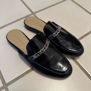 Marc Fisher Black Whiley Loafer Mules with silver chain, size 6